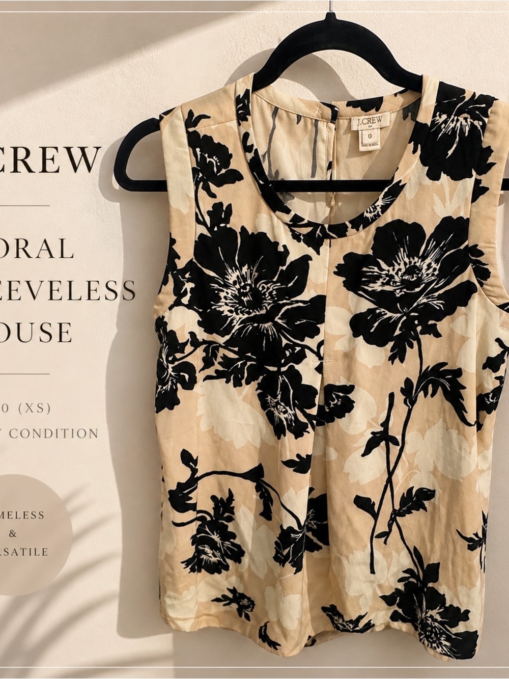 J. Crew Black Floral Print on Beige Sleeveless Blouse